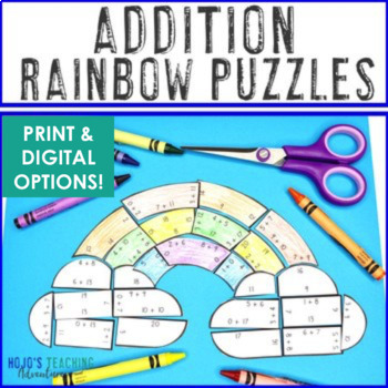 Preview of ADDITION March Rainbow Craft: Spring Math Puzzle Activity Center Bulletin Board