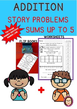 Preview of ADDITION STORY PROBLEMS SUMS UP TO 5 SUMMER THEME