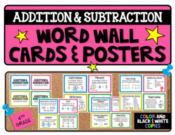 Preview of ADDITION & SUBTRACTION VOCABULARY WORD WALL CARDS & POSTERS - 4TH GRADE