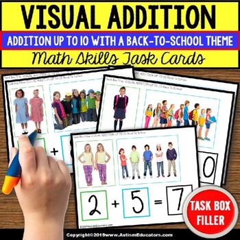 Preview of ADDITION WITH SUMS UP TO 10 Task Cards BACK TO SCHOOL THEME Task Box Filler