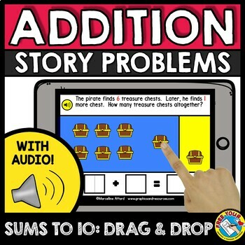 Preview of STORY ADDITION WORD PROBLEM KINDERGARTEN BOOM CARDS MATH ACTIVITY DIGITAL GAME