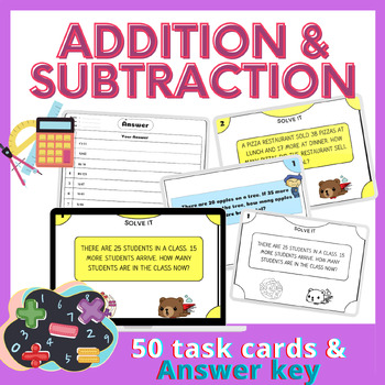 Preview of ADDITION and SUBTRACTION Word Problems - 50 Math Story Problem Task Cards