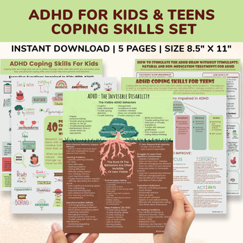 Preview of ADHD/ADD Coping Skills Psychoeducation Bundle Kids/Teens - School Counseling SEL