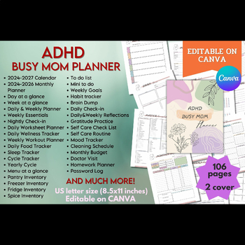 Preview of ADHD Busy Mom Planner - EDITABLE Canva Template