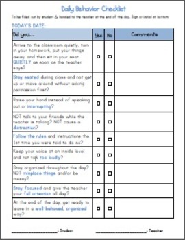 Preview of ADHD Daily Elementary Student Behavior Self-Checklist