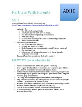 Preview of ADHD Parent Tip Sheet-Resources and Strategies for Parents-Editable