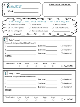 executive functioning homework checklist