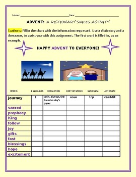 Preview of ADVENT: A DICTIONARY SKILLS ASSIGNMENT, GRADES 3-6, ESL