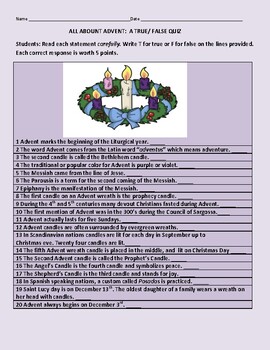 Preview of ADVENT: A QUIZ ON HISTORY & FACTS OF THIS HOLIDAY : W/ ANSWER KEY