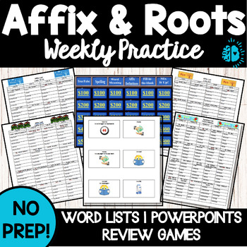 Preview of AFFIX & ROOTS WEEKLY PRACTICE Lists PowerPoints Review Game L4b Greek Latin