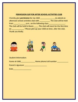 Preview of AFTER SCHOOL CLUB PERMISSION SLIP