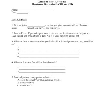 Preview of AHA First Aid & CPR Questions and Answer Key