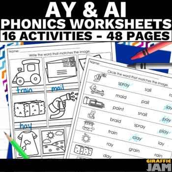 Preview of Decodable Phonics Worksheets AI and AY Vowel Teams Phonics Practice Activities