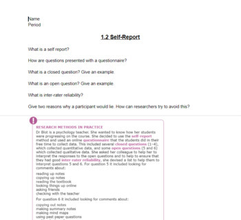 Preview of AICE AS Psych 1.2 Self Report and 1.3 Case Study Notes