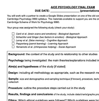 Preview of AICE Psychology Final Exam Core Studies Project