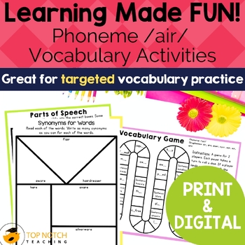 Preview of AIR Sound Vocabulary Worksheets: AIR EAR ARE EIR ERE | Print & Digital Phonics