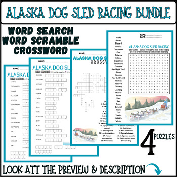 ALASKA DOG SLED RACING bundle word search word scramble crossword