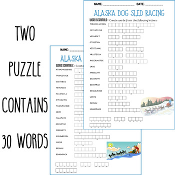 ALASKA DOG SLED RACING word scramble puzzle worksheets activities