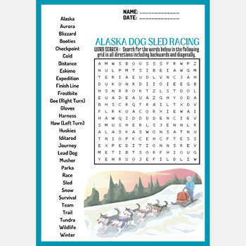 ALASKA DOG SLED RACING word search puzzle worksheet activity TPT
