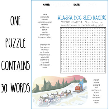 ALASKA DOG SLED RACING word search puzzle worksheets activities TPT