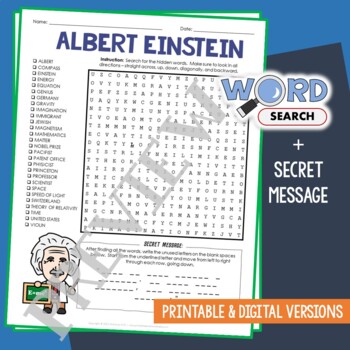 Preview of ALBERT EINSTEIN Word Search Puzzle Activity Vocabulary Worksheet Secret Message