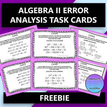 Preview of ALGEBRA 2 ERROR ANALYSIS TASK CARDS FREE