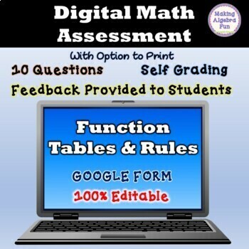 Preview of ALGEBRA Function Tables and Rules Self Grading Digital Google Form