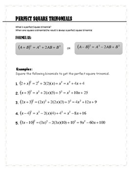 Algebra Perfect Square Trinomials By Stem Creations Tpt