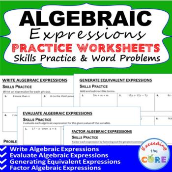 Preview of ALGEBRAIC EXPRESSIONS Homework Practice Worksheets Skills & Word Problems