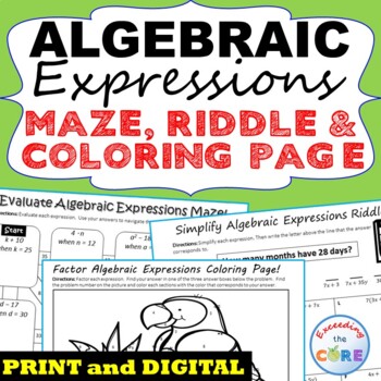 Preview of ALGEBRAIC EXPRESSIONS Maze, Riddle, Coloring Page | Google | Distance Learning