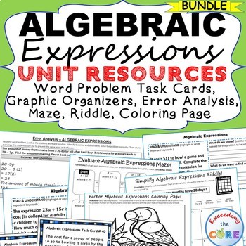 ALGEBRAIC EXPRESSIONS Bundle Error Analysis, Task Cards, Word Problems, Puzzles