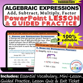 Preview of ALGEBRAIC EXPRESSIONS (simplify & factor) PowerPoint Lesson & Practice DIGITAL