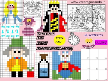 Preview of Alice's Adventures in Wonderland, 18 SHEETS. CODING, PIXEL ART. MISTERY PICTURE