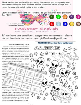 Preview of ALIENS Color by Number FUN EOC prep informational text MCQ RI.10.8