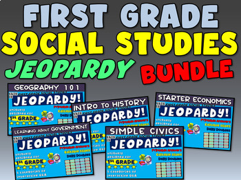 Preview of ALL 5 FIRST GRADE SOCIAL STUDIES JEOPARDY GAMES AND HANDOUTS BUNDLE!