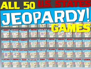 Preview of ALL 50 STATE JEOPARDY GAMES! 50-RESOURCE BUNDLE W/ HANDOUTS & INTERACTIVE SLIDES