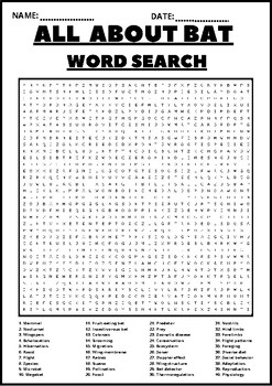 Preview of ALL ABOUT BAT Word Search Puzzle Middle School Fun Activity Vocabulary Worksheet
