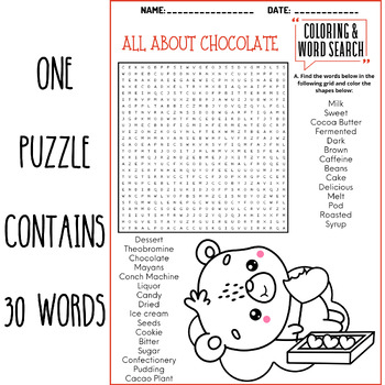 ALL ABOUT CHOCOLATE coloring & word search puzzle worksheets activities