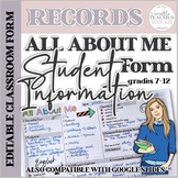 ALL ABOUT ME  Student Information Form/Survey for Back to 