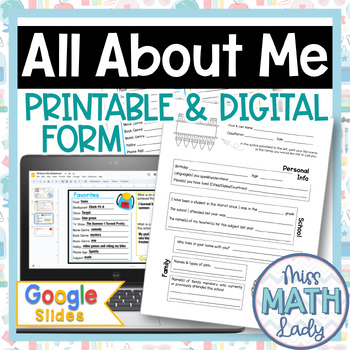Preview of ALL ABOUT ME Worksheet Middle School and Secondary Printable and Digital