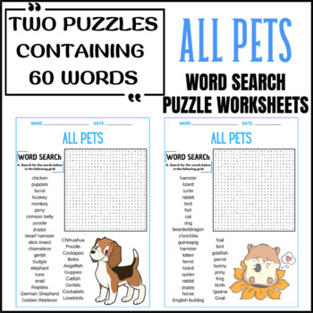 ALL PETS word search puzzle worksheets activities for kids by PUZZLES ...