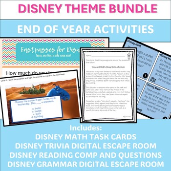 Preview of ALL THINGS DISNEY MATH TASK CARDS, DIGITAL ESCAPE ROOM, READING COMP AND MORE