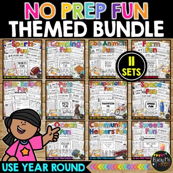 Preview of ALL YEAR No Prep FUN BUNDLE Themed Worksheets | Camping | Zoo Animals | Ocean