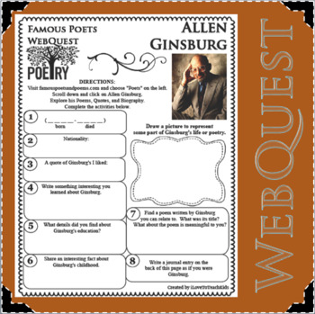 Preview of ALLEN GINSBERG Poet WebQuest Research Project Poetry Biography Notes