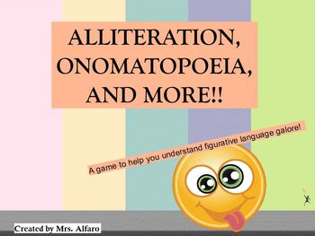 Preview of ALLITERATION ONOMATOPOEIA FIGURATIVE LANGUAGE JEOPARDY ~ ELEMENTARY ~ PROMETHEAN