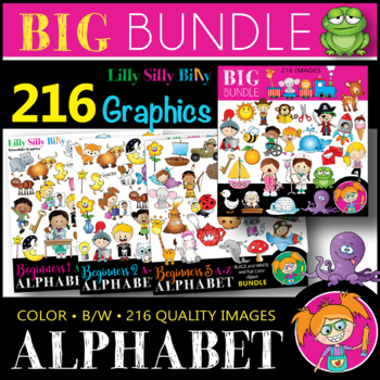 Preview of ALPHABET - BIG BUNDLE Beginners. BLACK AND WHITE & Color. {Lilly Silly Billy}