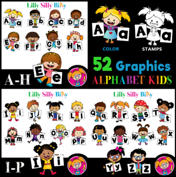 Preview of ALPHABET KIDS - B/W & Color clipart illustrations, {Lilly Silly Billy}