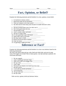 Preview of ALWAYS FREE: Fact, Belief, Opinon, or Inference Worksheet