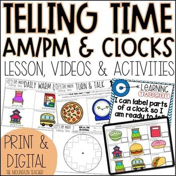 Preview of AM and PM and Parts of a Clock Worksheets | Telling Time Activities