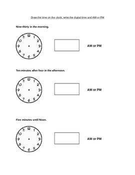 Preview of AM vs. PM/ Showing time on analog and digital clock Worksheet